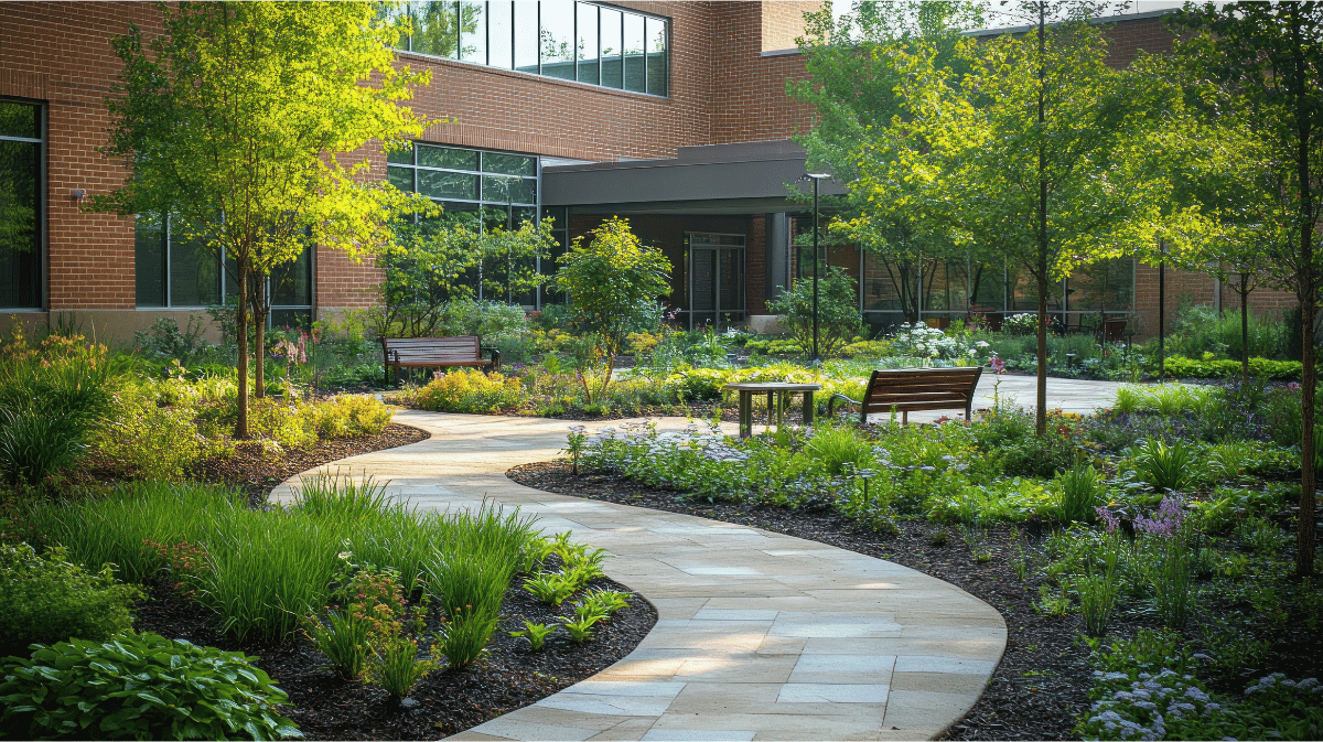 A well-landscaped hospital courtyard
