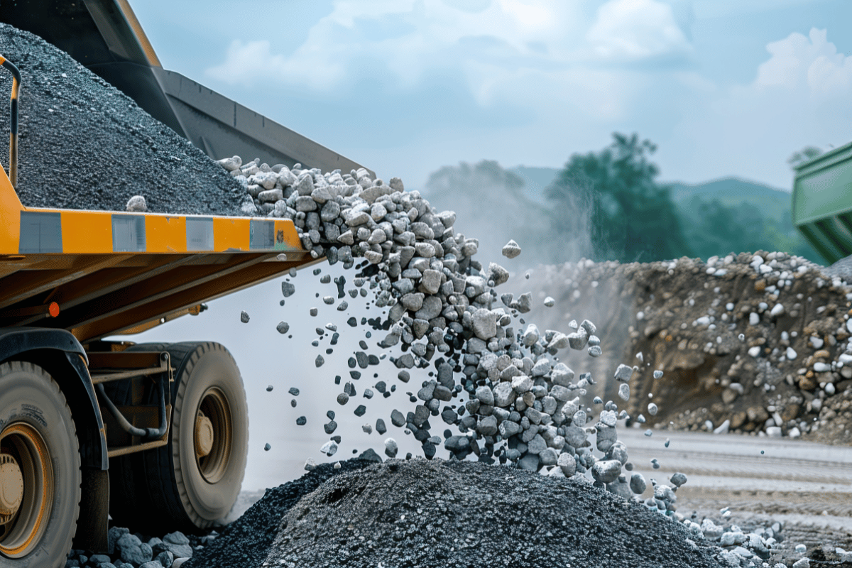 A truck dumping aggregate supplies at a construction site